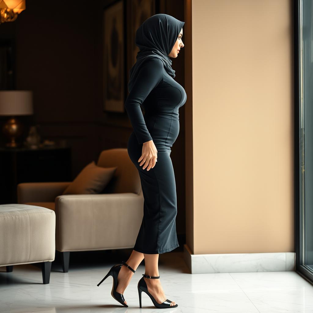 A modern and seductive Arab stepmom in her 50s, presented in a side view