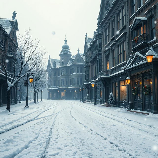 A high-resolution whimsical Victorian city scene featuring empty, snow-covered streets