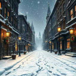 A high-resolution whimsical Victorian city scene featuring empty, snow-covered streets