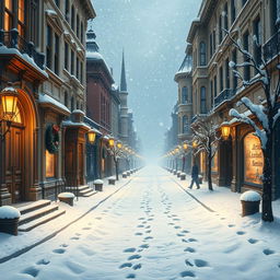 A high-resolution whimsical Victorian city scene featuring empty, snow-covered streets