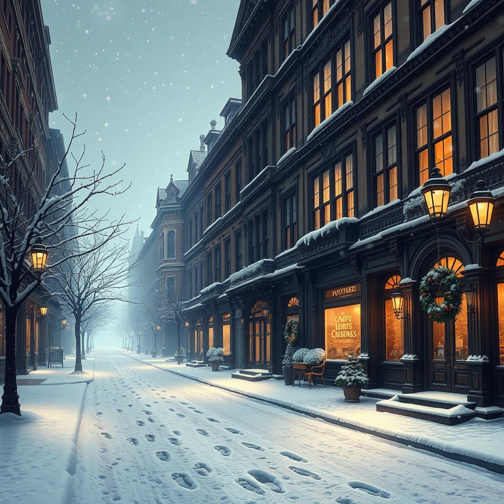 A high-resolution whimsical Victorian city scene featuring empty, snow-covered streets