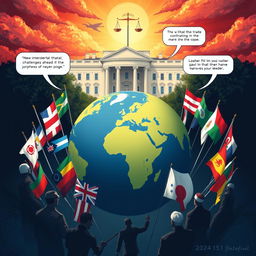 An analytical illustration depicting the new international challenges ahead of a potential new Trump administration