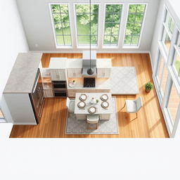 A detailed kitchen floor plan design, featuring a spacious layout with an island in the center