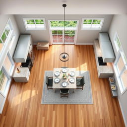 A detailed kitchen floor plan design, featuring a spacious layout with an island in the center