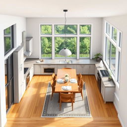 A detailed kitchen floor plan design, featuring a spacious layout with an island in the center