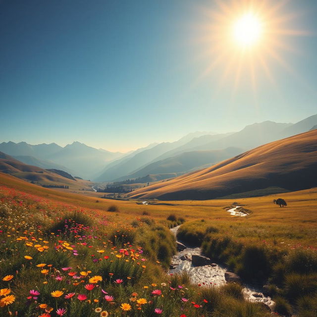 A breathtaking landscape featuring a beautiful light illuminating the world, casting a warm golden glow over rolling hills and fields