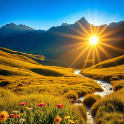 A breathtaking landscape featuring a beautiful light illuminating the world, casting a warm golden glow over rolling hills and fields
