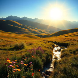 A breathtaking landscape featuring a beautiful light illuminating the world, casting a warm golden glow over rolling hills and fields