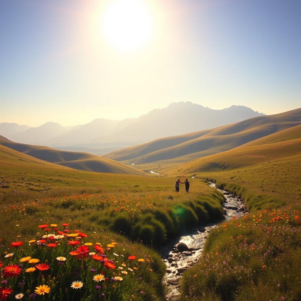 A breathtaking landscape featuring a beautiful light illuminating the world, casting a warm golden glow over rolling hills and fields