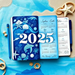 A beautifully designed marine-themed bullet journal for the year 2025, featuring an intricate blue color scheme