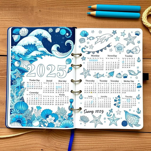 A beautifully designed marine-themed bullet journal for the year 2025, featuring an intricate blue color scheme