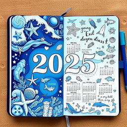 A beautifully designed marine-themed bullet journal for the year 2025, featuring an intricate blue color scheme