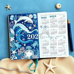 A beautifully designed marine-themed bullet journal for the year 2025, featuring an intricate blue color scheme