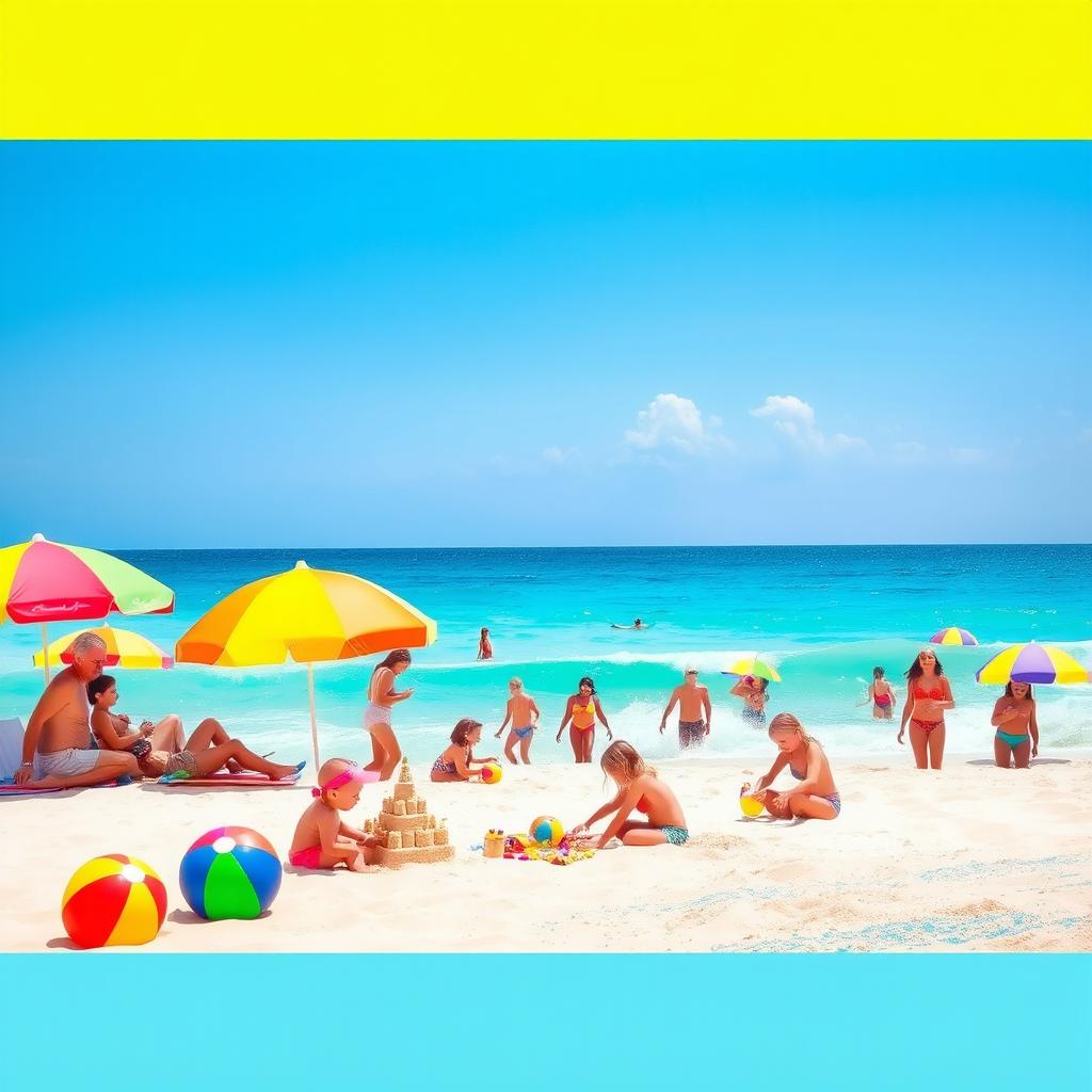 A vibrant summer beach scene featuring a picturesque sunny day, with clear blue skies and sparkling turquoise waters