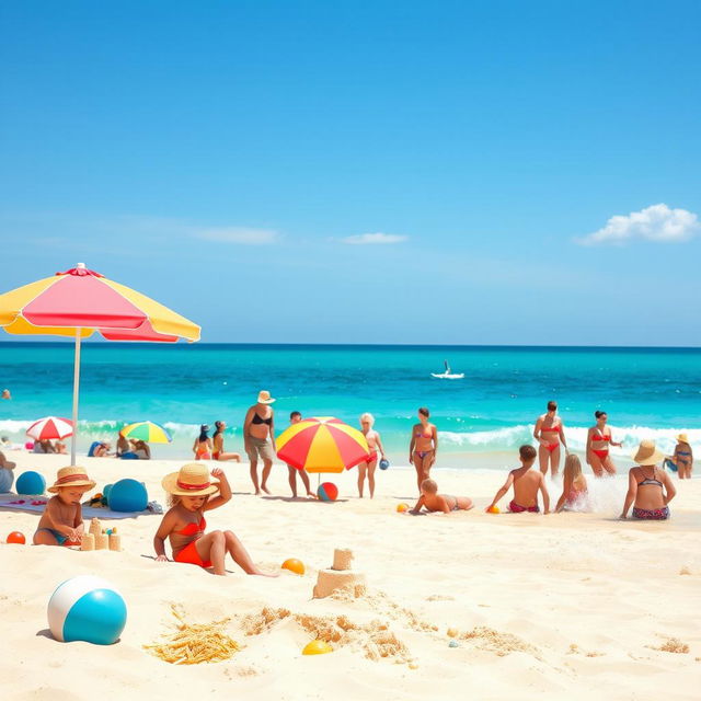 A vibrant summer beach scene featuring a picturesque sunny day, with clear blue skies and sparkling turquoise waters