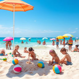 A vibrant summer beach scene featuring a picturesque sunny day, with clear blue skies and sparkling turquoise waters