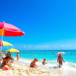 A vibrant summer beach scene featuring a picturesque sunny day, with clear blue skies and sparkling turquoise waters