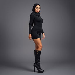 A modern and seductive Arab hijab-wearing stepmom in her 40s, captured in a full body side view