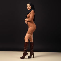 A modern and seductive Arab hijab-wearing stepmom in her 40s, captured in a full body side view