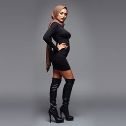 A modern and seductive Arab hijab-wearing stepmom in her 40s, captured in a full body side view