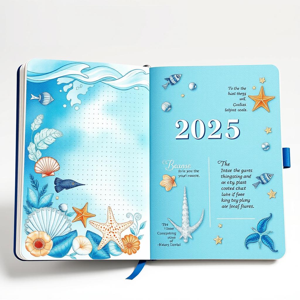 A realistic image of a marine-themed bullet journal designed for the year 2025