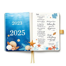 A realistic image of a marine-themed bullet journal designed for the year 2025