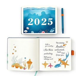 A realistic image of a marine-themed bullet journal designed for the year 2025