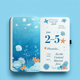 A realistic image of a marine-themed bullet journal designed for the year 2025