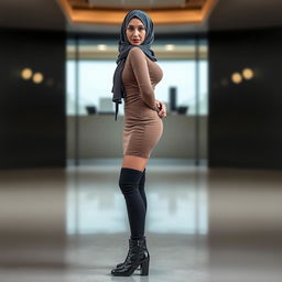 A modern and seductive Arab hijab-wearing stepmom in her 40s, captured in a full body side view