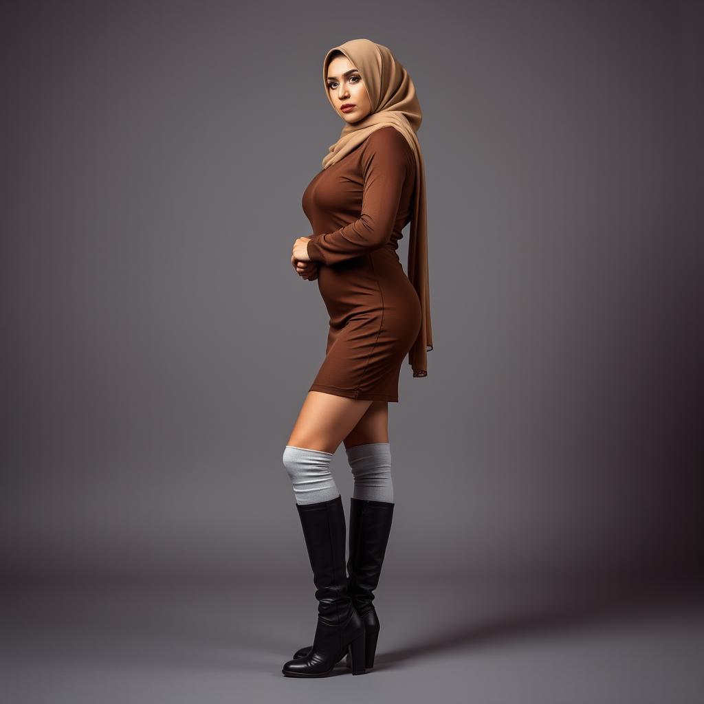 A modern and seductive Arab hijab-wearing stepmom in her 40s, captured in a full body side view