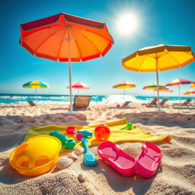 A vibrant beach scene featuring colorful summer umbrellas, sandy shores, and crystal-clear waves