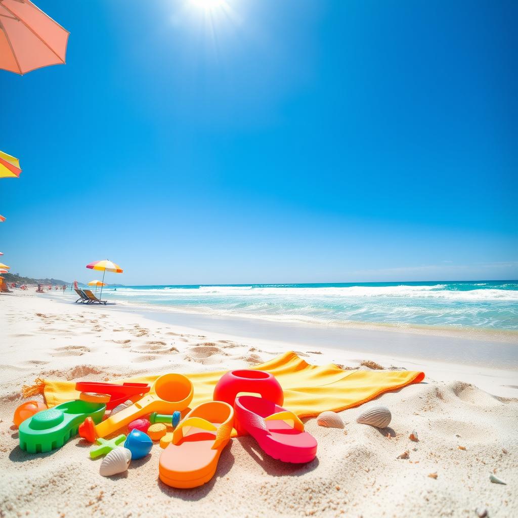 A vibrant beach scene featuring colorful summer umbrellas, sandy shores, and crystal-clear waves