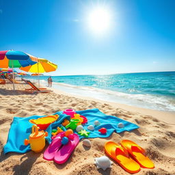 A vibrant beach scene featuring colorful summer umbrellas, sandy shores, and crystal-clear waves