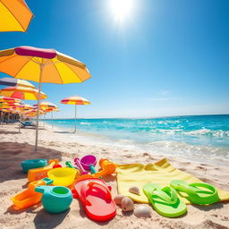 A vibrant beach scene featuring colorful summer umbrellas, sandy shores, and crystal-clear waves