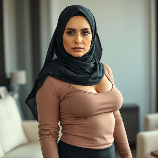 A modern and seductive Arab hijab-wearing stepmom in her 40s, presented in a full body side view