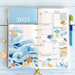 A realistic bullet journal designed for 2025, with a marine theme featuring ocean elements such as waves, seashells, and marine life like fish and starfish