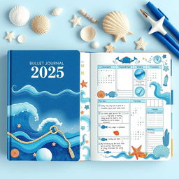 A realistic bullet journal designed for 2025, with a marine theme featuring ocean elements such as waves, seashells, and marine life like fish and starfish