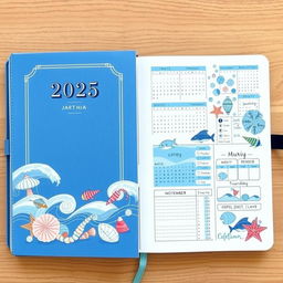 A realistic bullet journal designed for 2025, with a marine theme featuring ocean elements such as waves, seashells, and marine life like fish and starfish