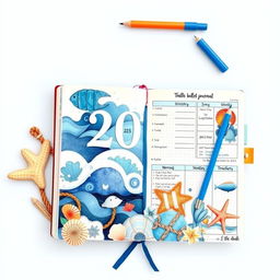 A realistic bullet journal designed for 2025, with a marine theme featuring ocean elements such as waves, seashells, and marine life like fish and starfish