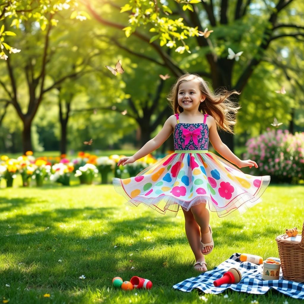 A cheerful outdoor scene featuring a park in springtime, with blooming flowers and vibrant green trees