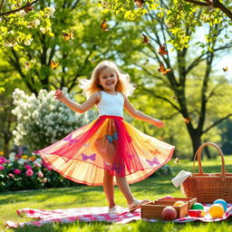 A cheerful outdoor scene featuring a park in springtime, with blooming flowers and vibrant green trees