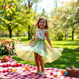 A cheerful outdoor scene featuring a park in springtime, with blooming flowers and vibrant green trees
