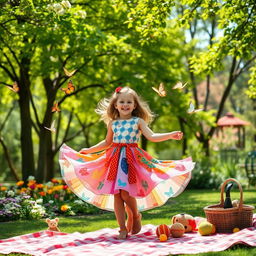 A cheerful outdoor scene featuring a park in springtime, with blooming flowers and vibrant green trees