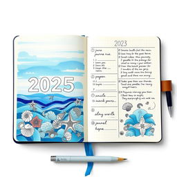 A realistic image of a marine-themed bullet journal for the year 2025