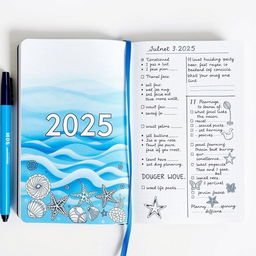 A realistic image of a marine-themed bullet journal for the year 2025