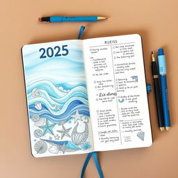 A realistic image of a marine-themed bullet journal for the year 2025