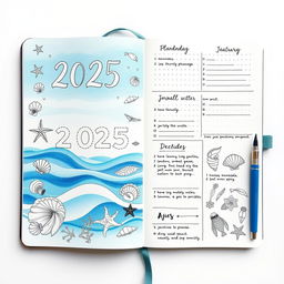 A realistic image of a marine-themed bullet journal for the year 2025
