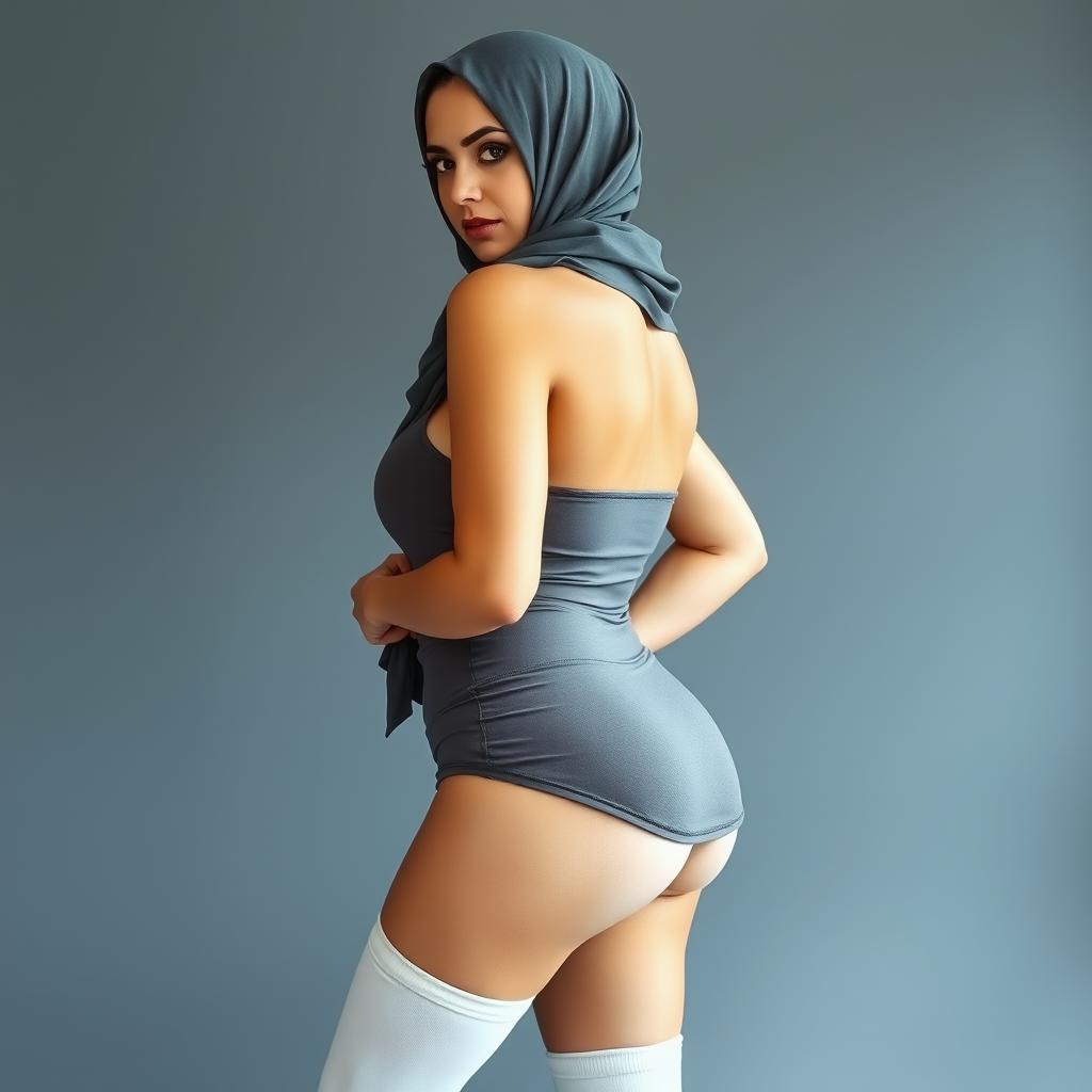 A modern and alluring 40-year-old Arab woman wearing a hijab, side view, showcasing her seductive outfit with knee-high white socks and an undershirt