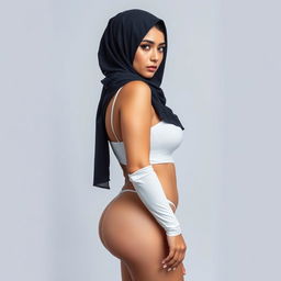 A modern and alluring 40-year-old Arab woman wearing a hijab, side view, showcasing her seductive outfit with knee-high white socks and an undershirt