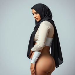 A modern and alluring 40-year-old Arab woman wearing a hijab, side view, showcasing her seductive outfit with knee-high white socks and an undershirt